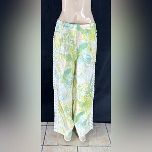 Crochet-Trim Floral Wide-Leg Pants in Green & Yellow